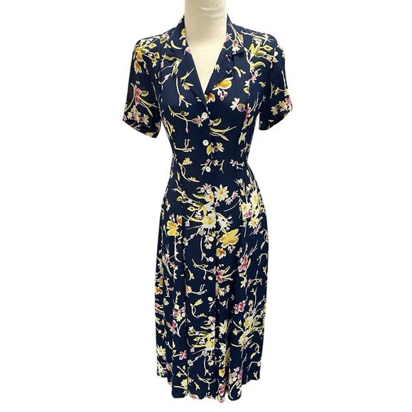 Vintage 80s Floral Blue Button Down Secretary Dress Size 5/6 Church Lady - Picture 1 of 10